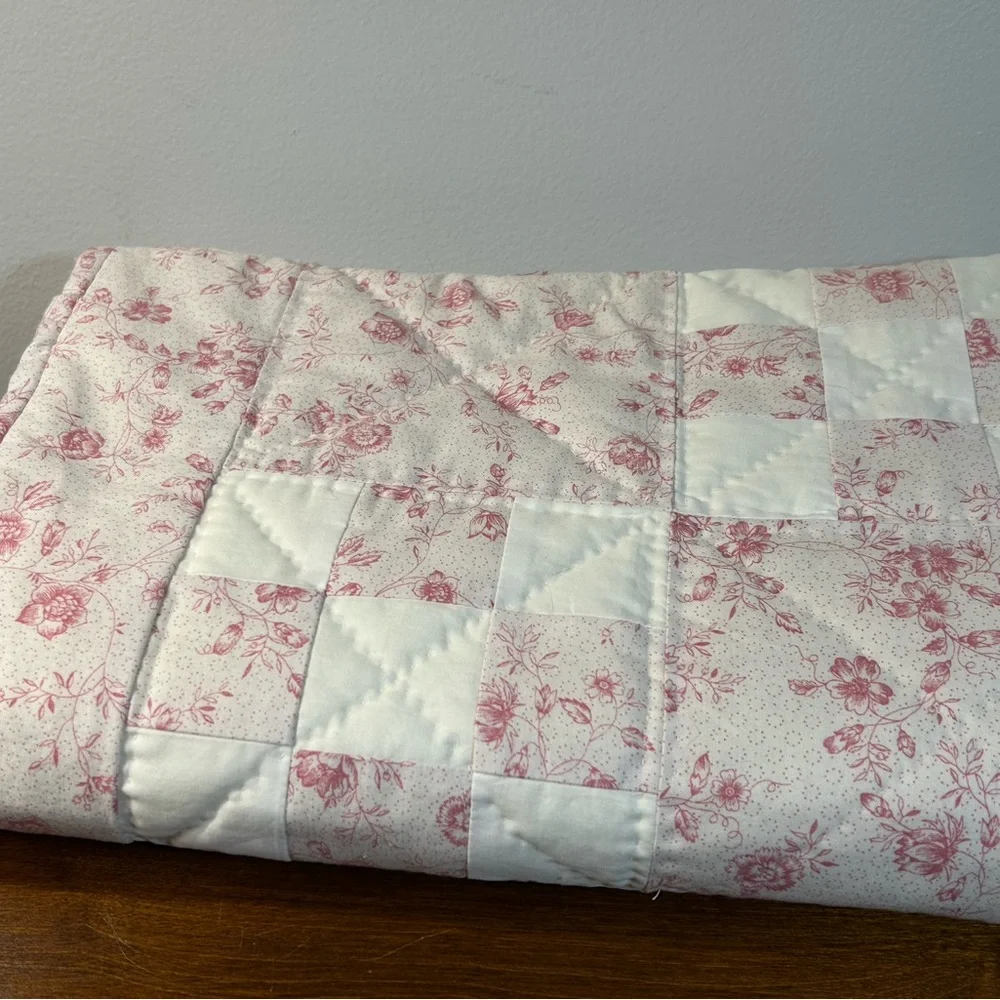 Hand Quilted Pink Floral White Irish Chain Baby Quilt